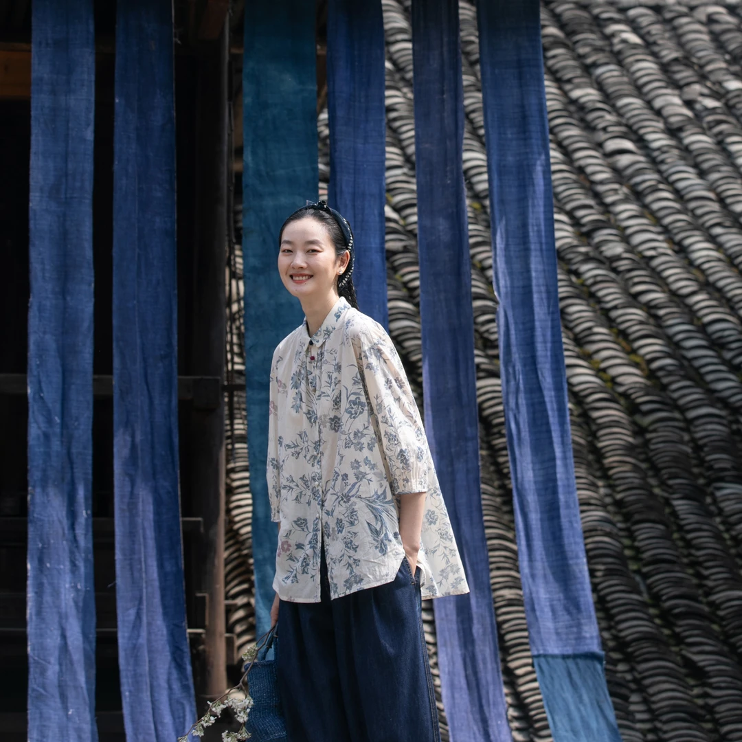 牧衣游原创 印花佰分佰新疆棉衬衫轻薄立领宽松质朴文艺衬衣 菘菘
