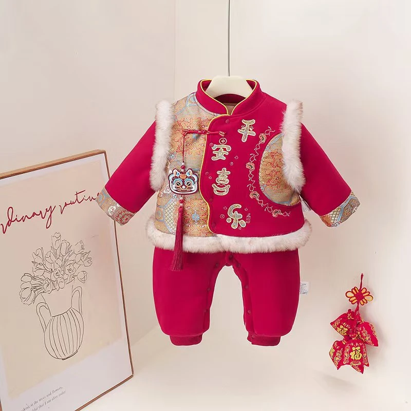 2025爆款满月周岁礼服冬款拜年服长爬中国风A类连体哈衣真两件套