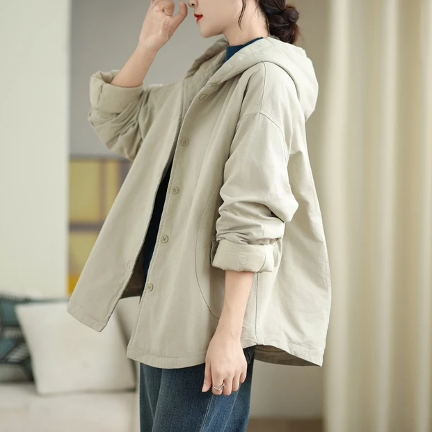 纯色棉连帽夹棉棉服外套女感冬季新款复古休闲宽松大码加厚棉袄