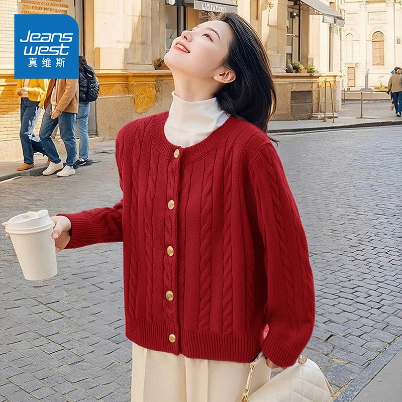 真维斯红色毛衣女2025新款秋冬季圆领针织衫小个子韩系外搭外套女