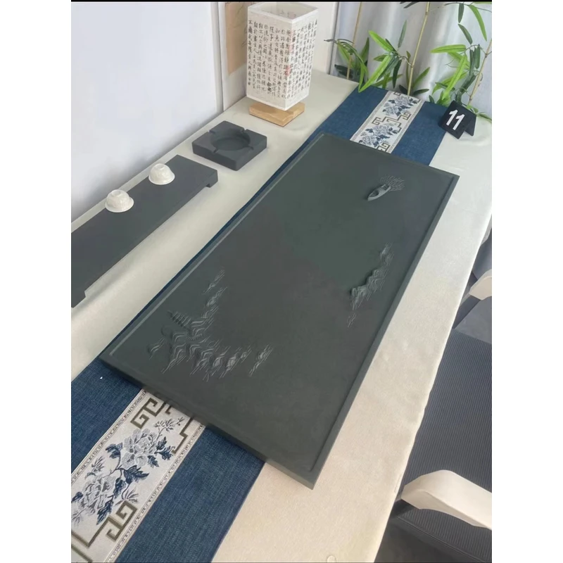 雷峰塔 天罗绿石茶盘整块石头茶盘手工浮雕排水式家用办公用