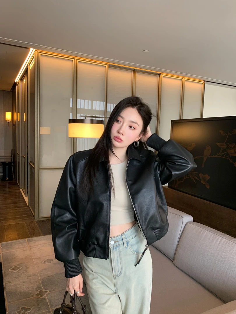 [倩倩】款酷飒风小翻领真皮皮衣外套小个子皮夹克机车服短款上衣