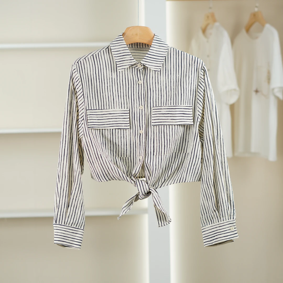 麦迪尚品【夕Y】50909191 春季时尚简约条纹系带衬衫品牌女装