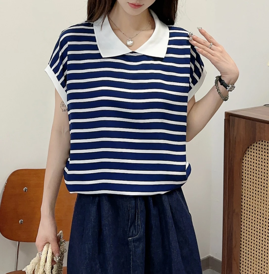 木禾家-（条纹人造棉）韩版撞色条纹小飞袖人造棉上衣 820