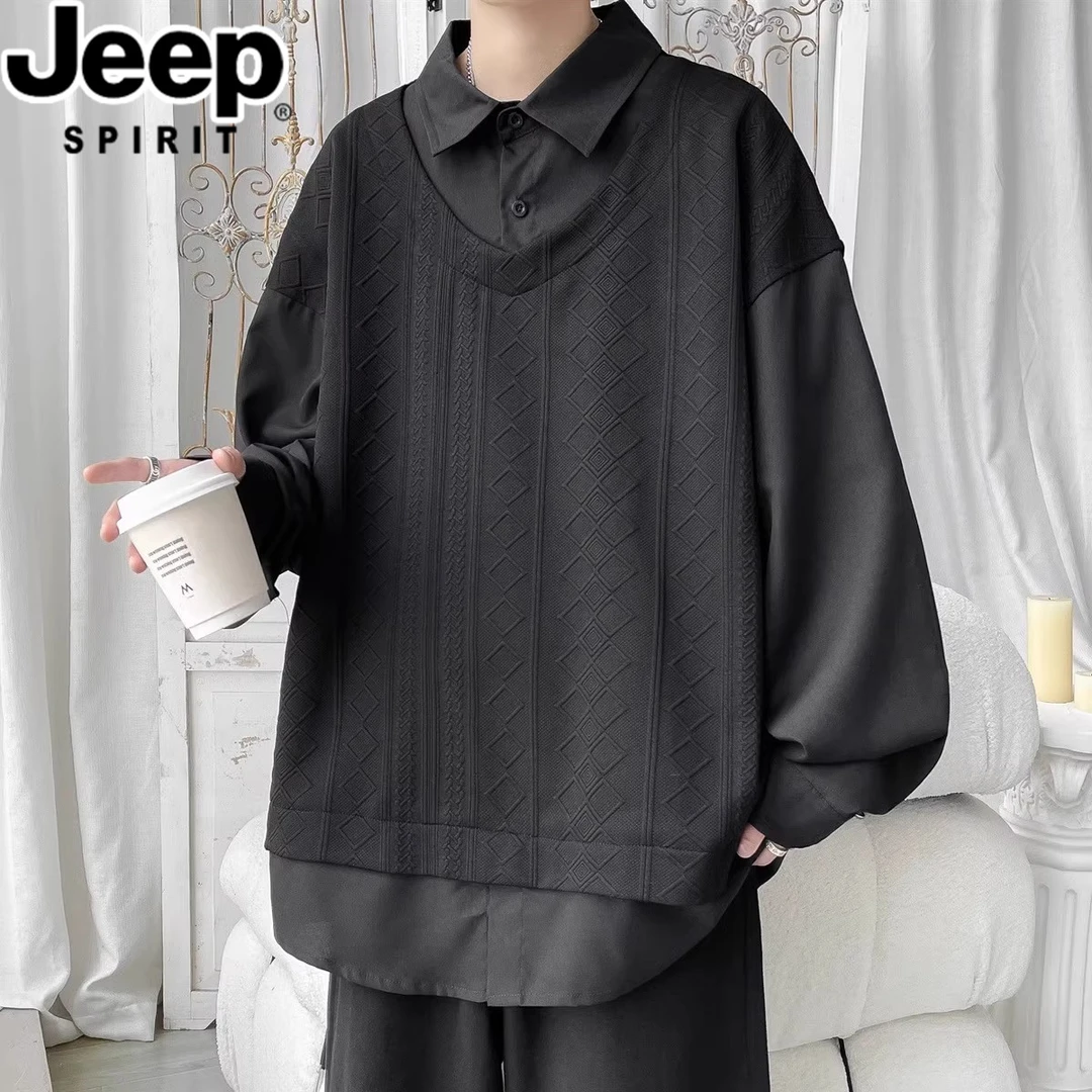 JEEPSPIRIT吉普假两件男卫衣春秋季外套加大码潮流宽松设计感百搭