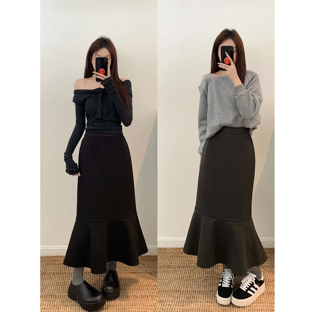 春季微胖大码女装下摆荷叶摆鱼尾半身裙-6915