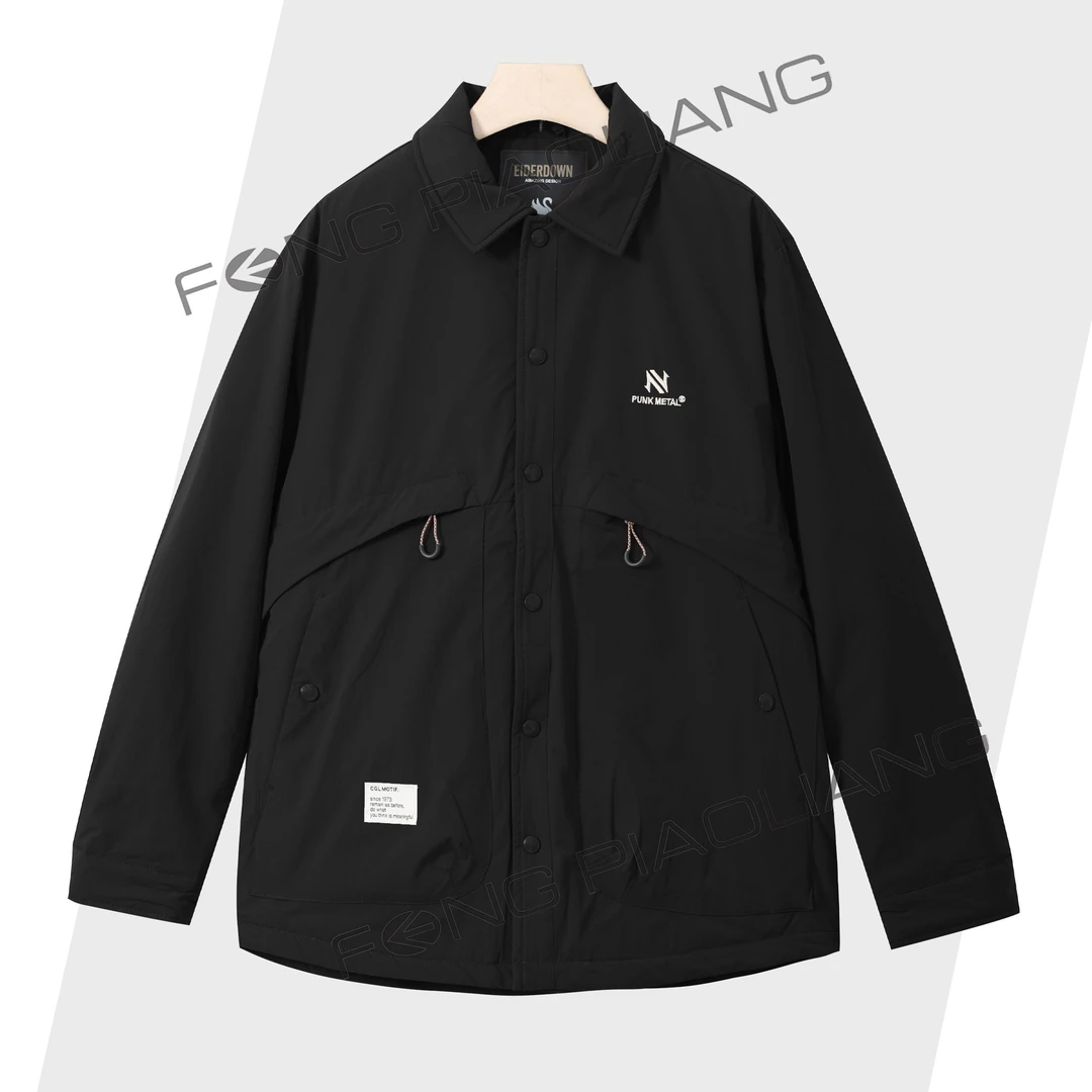 黑【猎装系列】冬季简约刺绣多口袋情侣款翻领棉服502