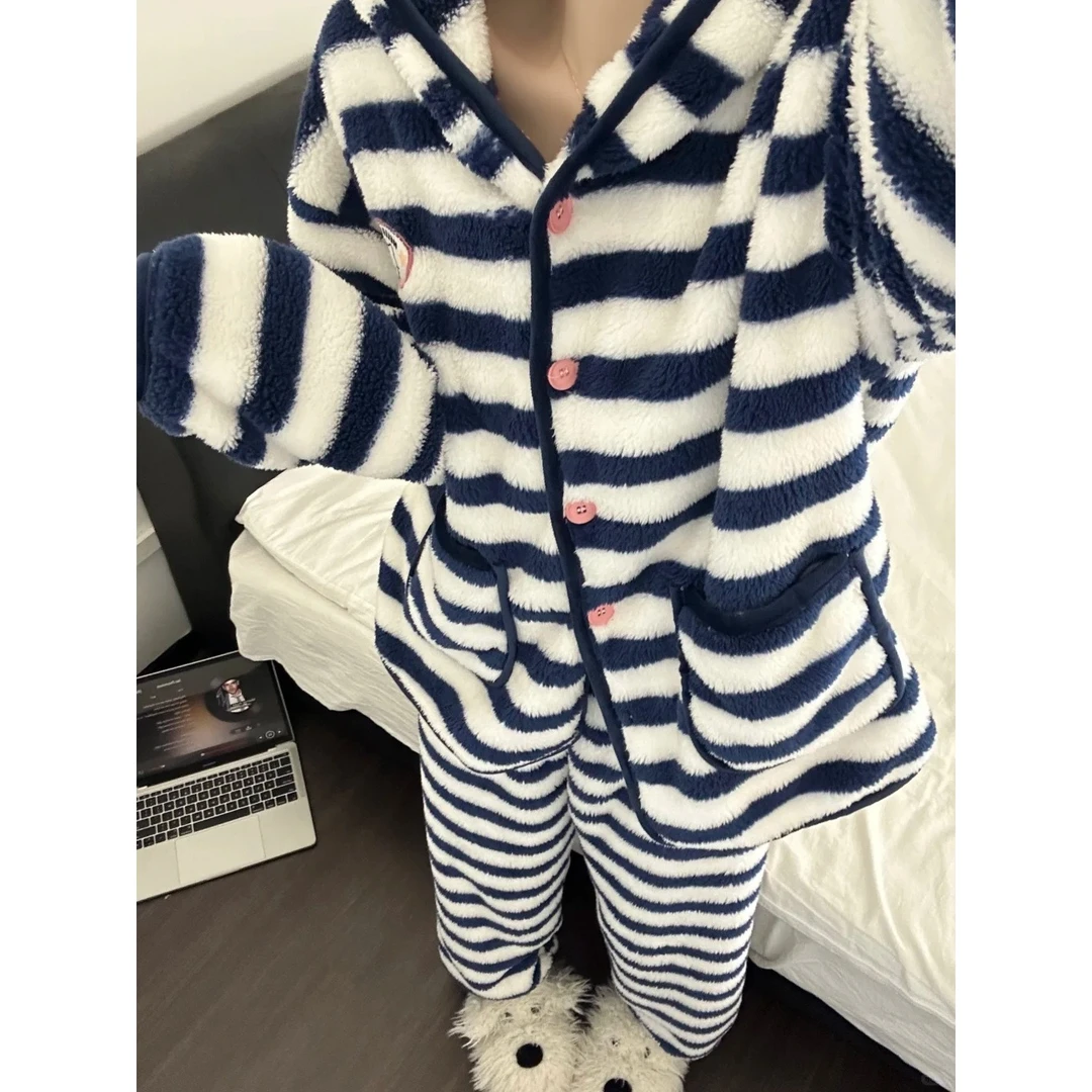 韩版甜美撞色印花Kitty半边绒睡衣女冬季新款加绒保暖家居服套装