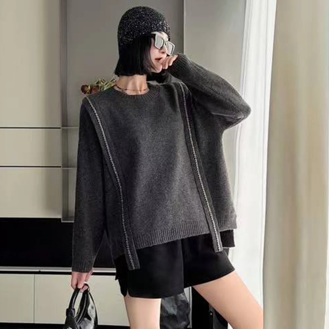 2025秋冬新款绵羊毛混纺耐脏纯色休闲百搭圆领长袖洋气宽松上衣