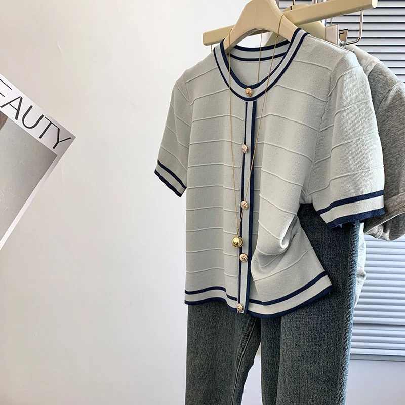 【80-180斤】圆领小香风冰丝短袖T恤女夏季宽松显瘦撞色针织衫上衣