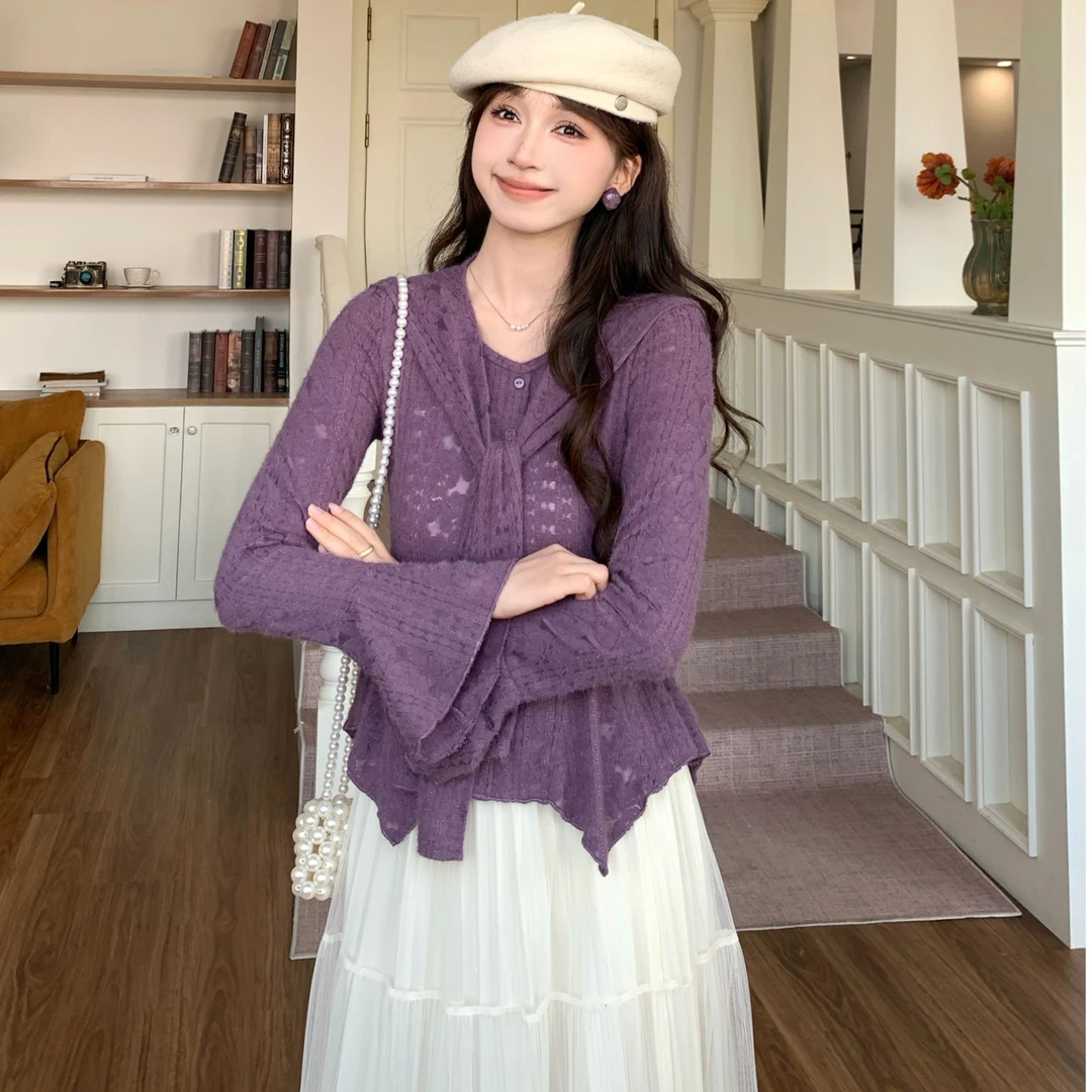 慕兔法式小众款温柔设计款上衣2025年小个子秋季新款温柔紫色上衣
