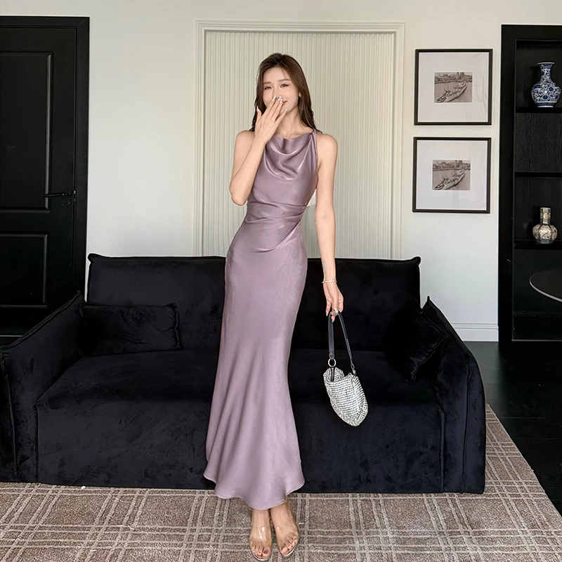气质感高级缎面连衣裙扭结吊带收腰显瘦鱼尾裙长裙