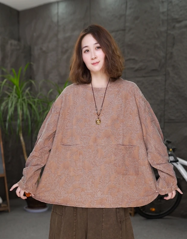 2025秋季新款复古新中式高定下摆弧形炒色亚麻提花套头卫衣上衣女