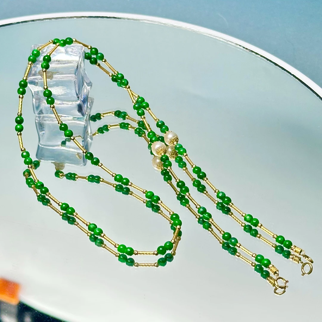 【园博珠宝】气质时尚轻奢绿色18K金镶嵌翡翠珠串拍一发一
