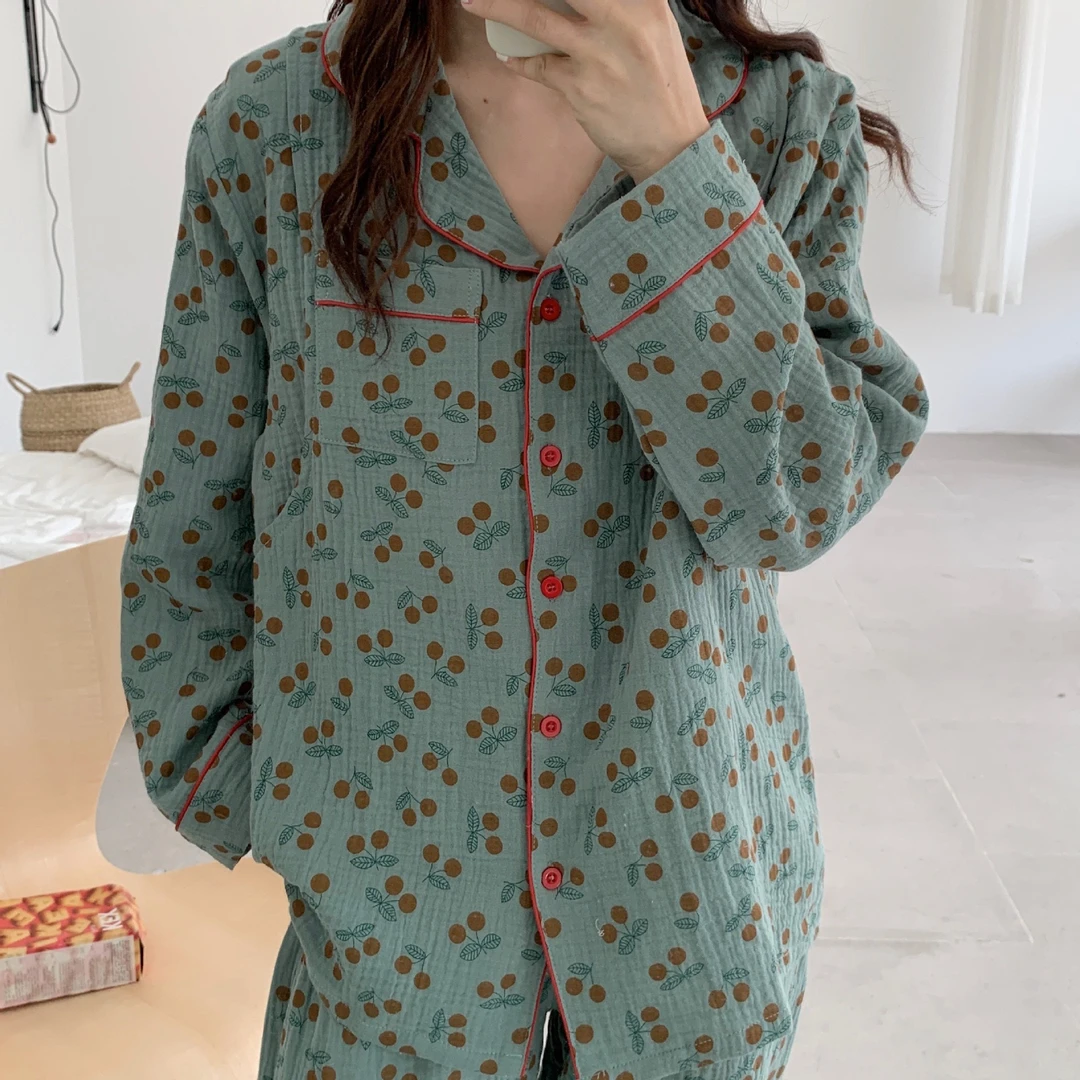 【套装】全棉双层纱布睡衣女士春秋长袖长裤薄款纯棉家居服柔软