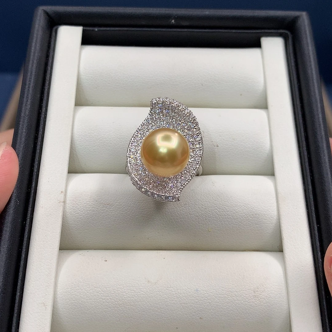 银S925镶嵌戒圈海水珍珠11mm南洋金珠戒指