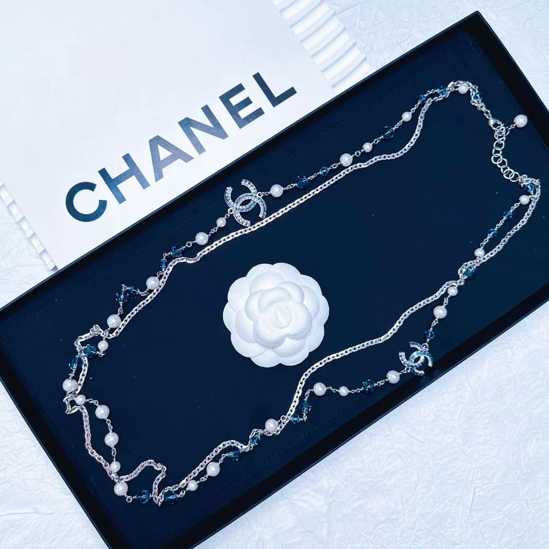 95新 Chanel/香奈儿 柚礼中古/香奈儿蓝色双C珍珠项链LZ502263
