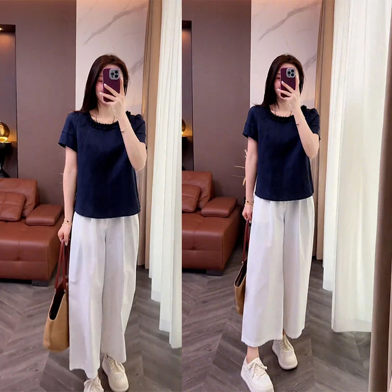 夏装搭配一整套韩系休闲设计感圆领花边短袖上衣九分裤显瘦两件套