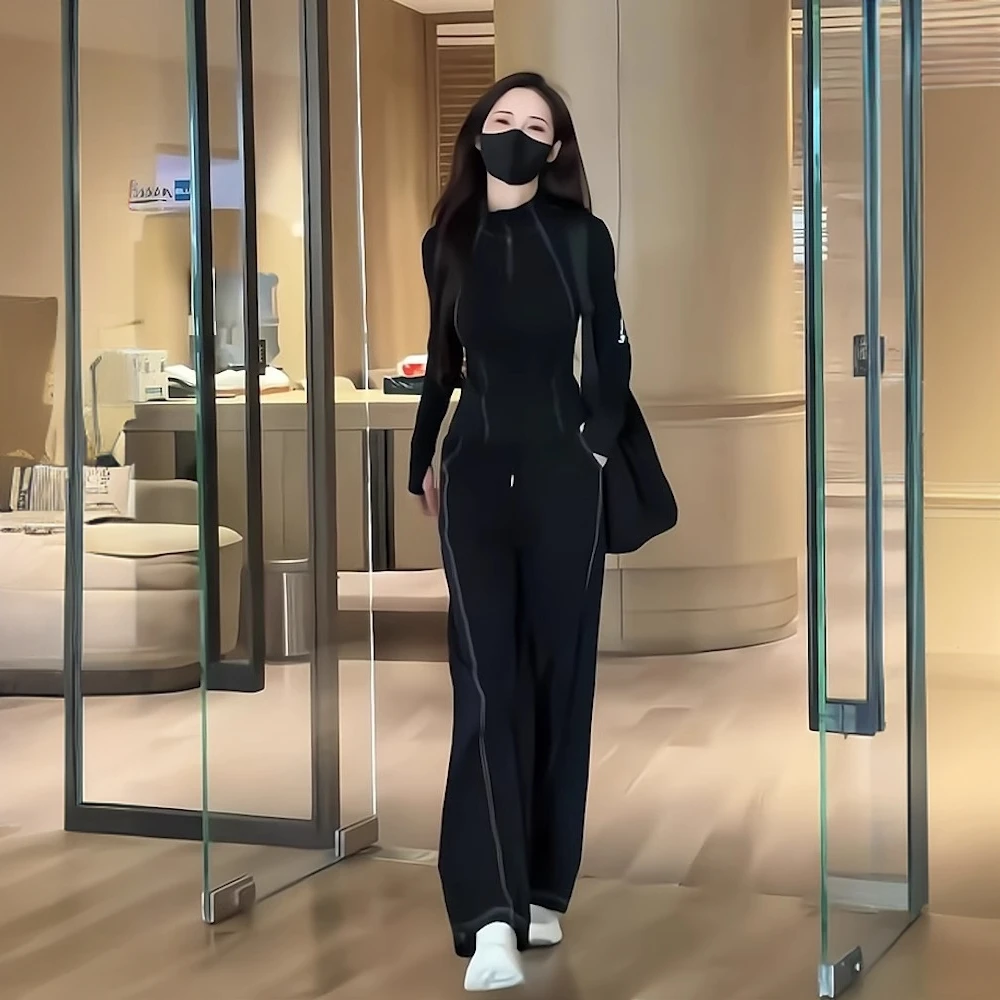 户外跑步休闲运动套装女夏高级感修身显瘦黑色开衫阔腿裤两件套