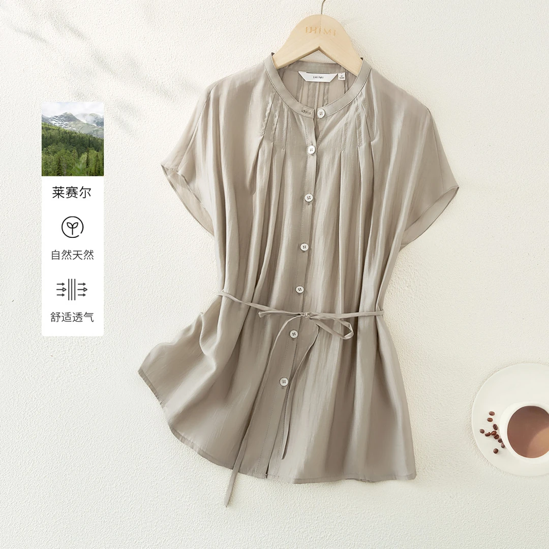 IHIMI/海谧莱赛尔空气立体打褶收腰显瘦衬衫2025夏女简约知性衬衣