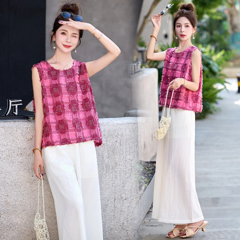 法式小香风格子马甲套装女2025年夏季新款设计感宽松阔腿裤两件套