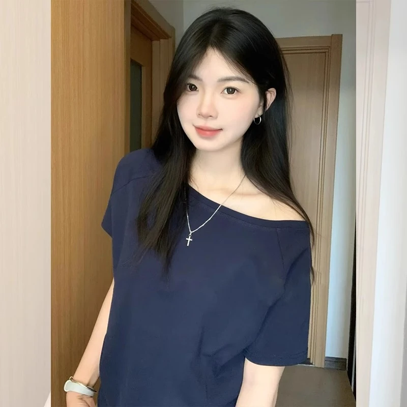 一字肩纯欲藏蓝色夏新款百搭女短袖宽松慵懒斜肩修身慵懒风格T恤