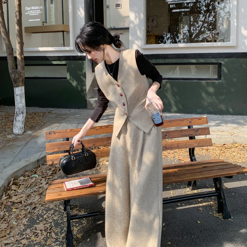 松弛感马甲阔腿裤套装女2025春秋新款氛围感小众韩系穿搭两件套潮