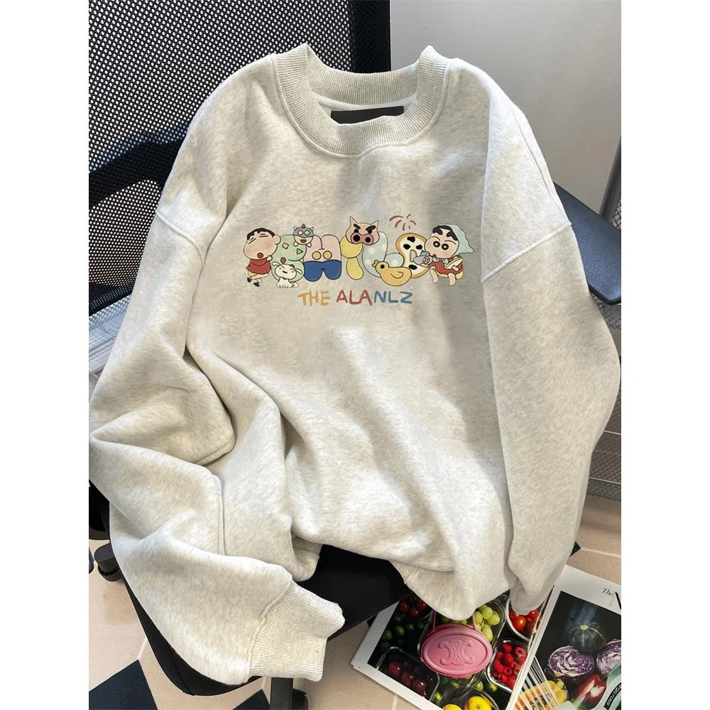 冬季洋气减龄卡通印花无帽卫衣女2025新款加绒加厚内搭打底衫上衣
