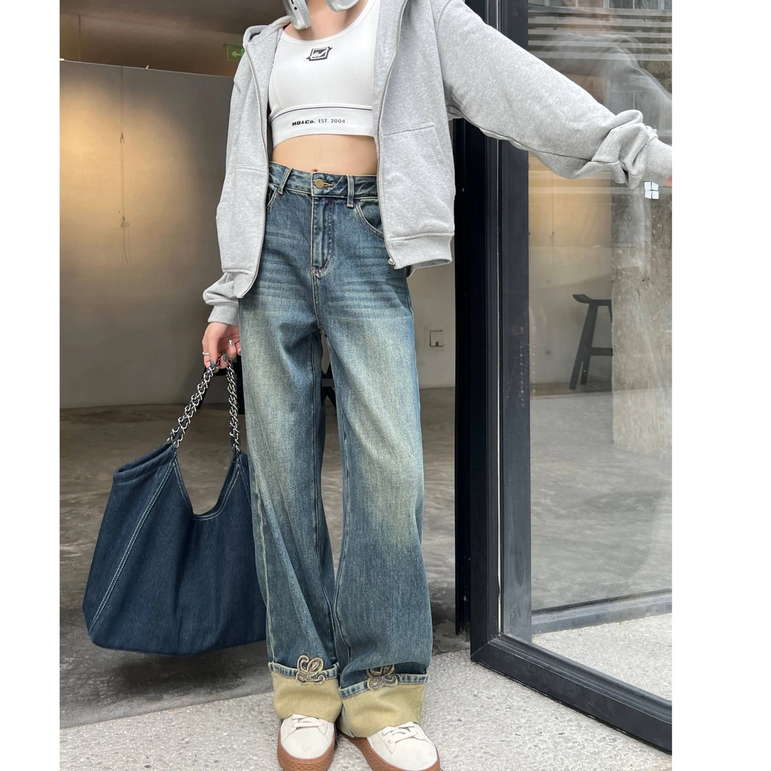 KIKI严选：31125-YER家欧洲站南油原创设计翻边高腰牛仔裤