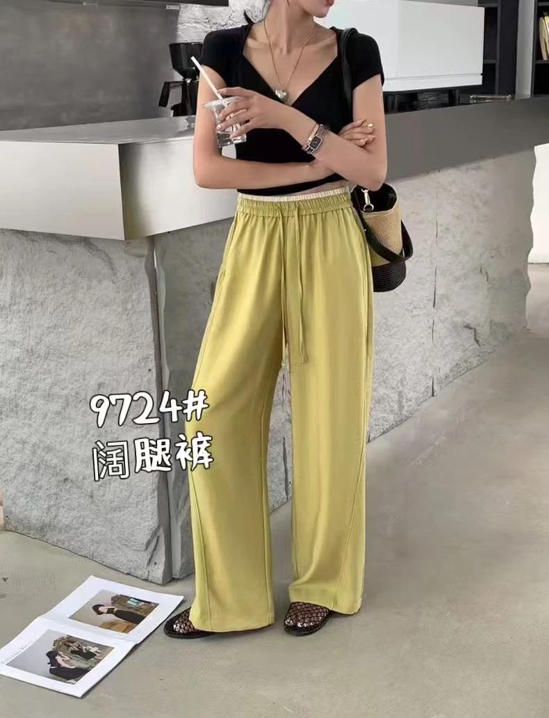 宜美多家  天丝麻棉拼色腰头垂感显瘦直筒裤9724