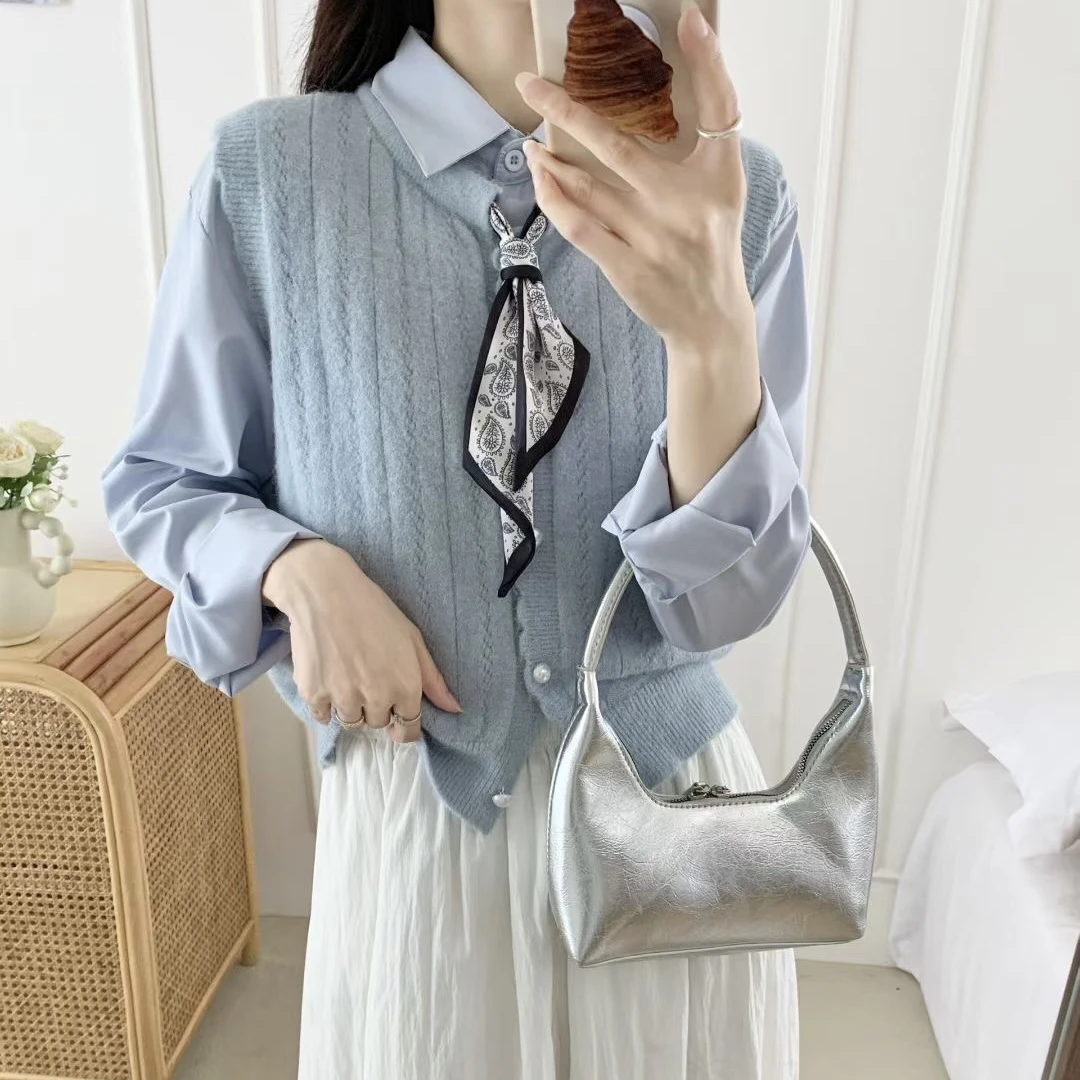 炫-秋季新款法式气质甜美丝巾系带针织背心马甲女叠穿毛衣马夹潮
