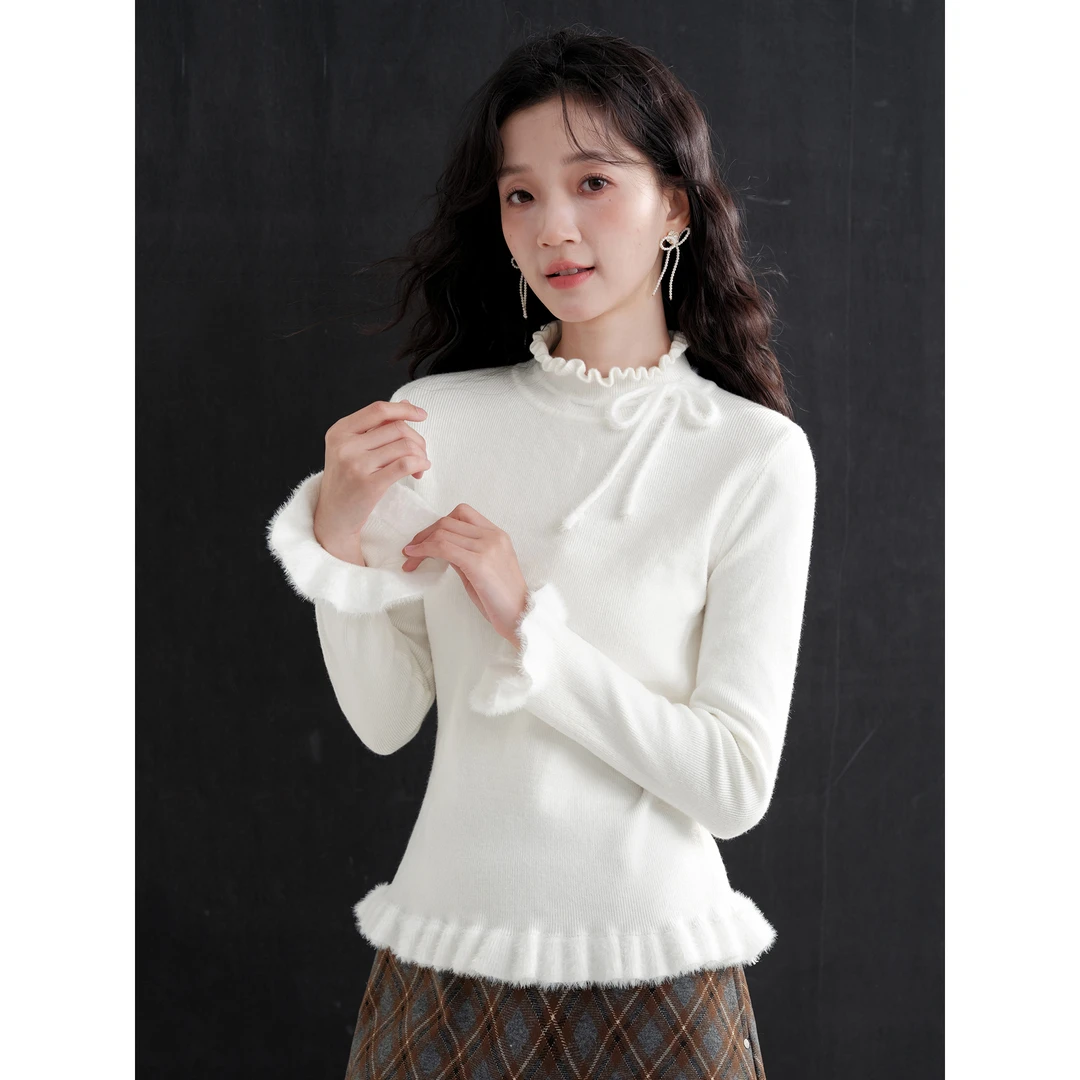 木易易韩系半高领木耳边长袖针织衫上衣女2025新款内搭打底衫毛衣