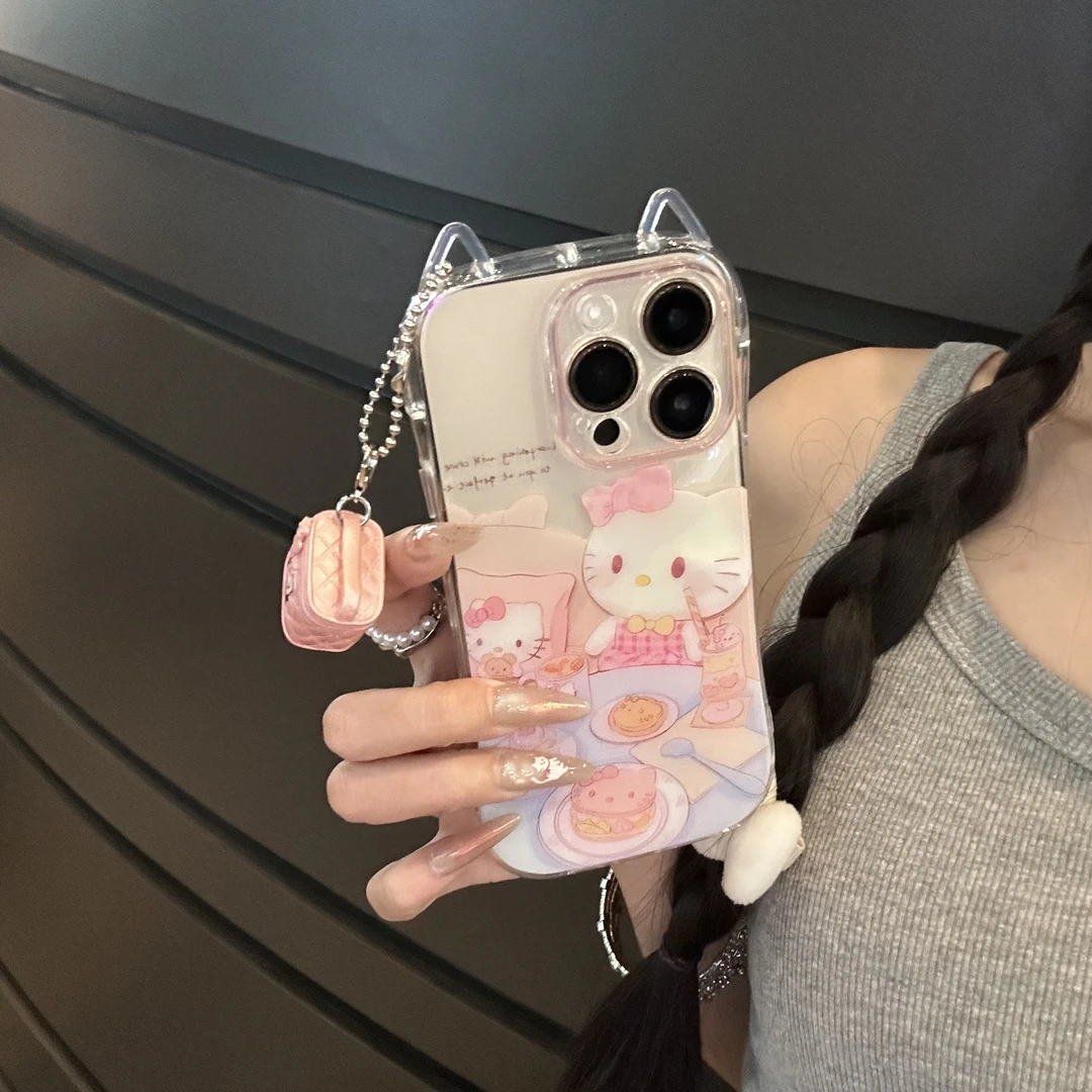 夕与空美食Kitty适用苹果16/15promax立体猫耳朵手机壳14/13/12套