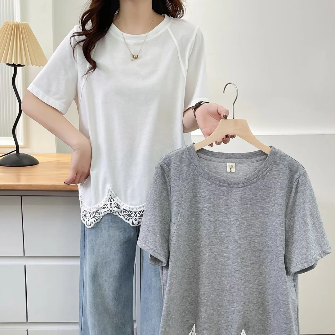 【阿甜大码】圆领气质款拼接短袖T恤洋气时尚韩版纯色百搭