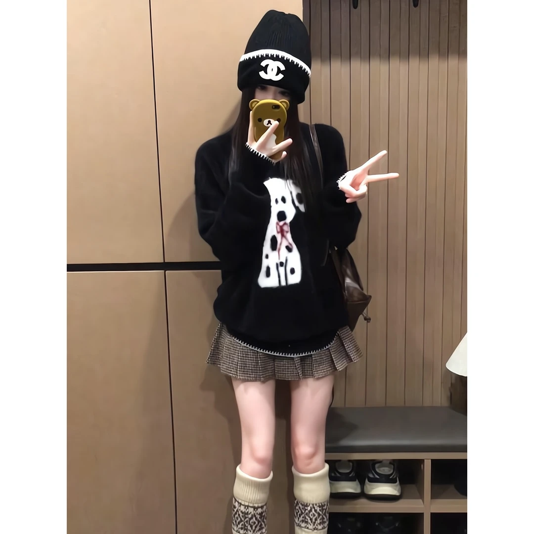 韩系小狗刺绣黑色毛衣女秋冬慵懒风软糯针织上衣半身裙百褶裙短裙