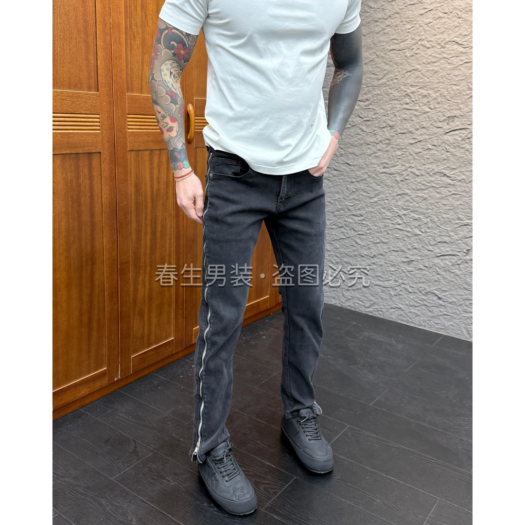 2025秋冬新品时尚休闲百搭黑灰色拉链男士修身牛仔裤2012