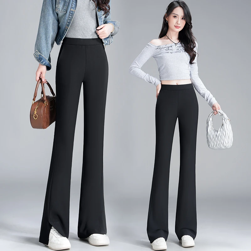 秋冬季加绒加厚微喇裤女显瘦百搭万向弹力修身时尚松紧腰小黑裤子