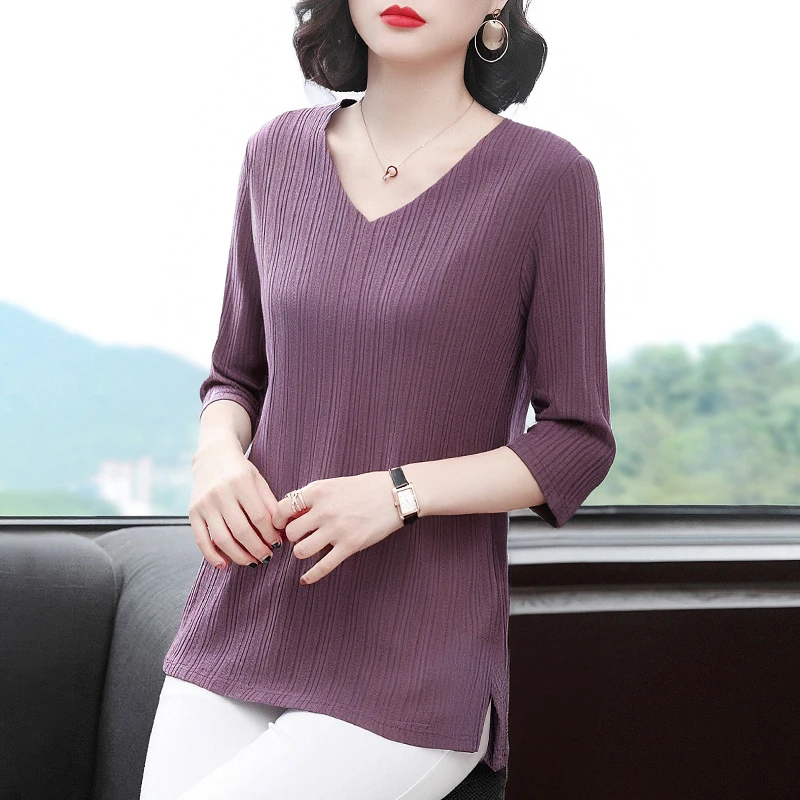 七分袖提花T恤秋季新款女装V领中袖打底小衫宽松遮肚针织上衣女