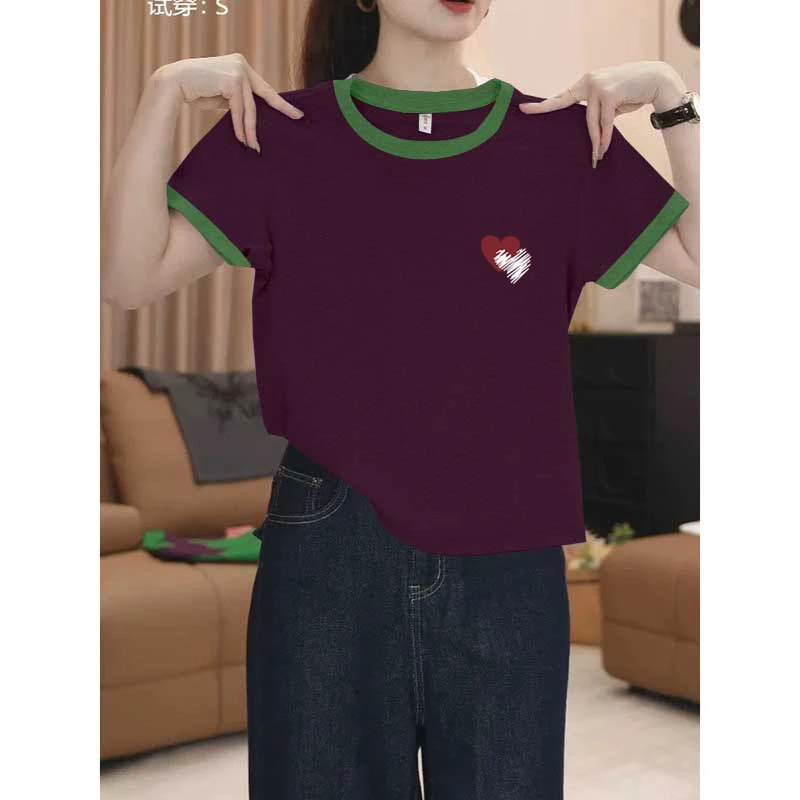 2025新款撞色圆领正肩短袖t恤女小众设计感时尚百搭洋气减龄上衣