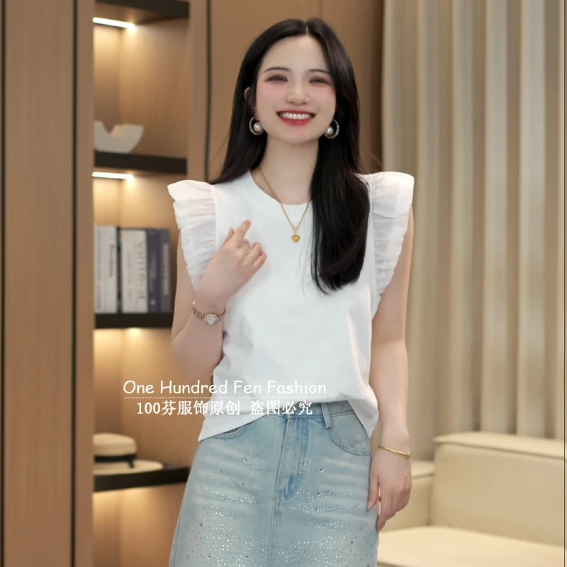 设计感后背镂空蕾丝拼接无袖T恤女夏2025新款宽松飞飞袖上衣