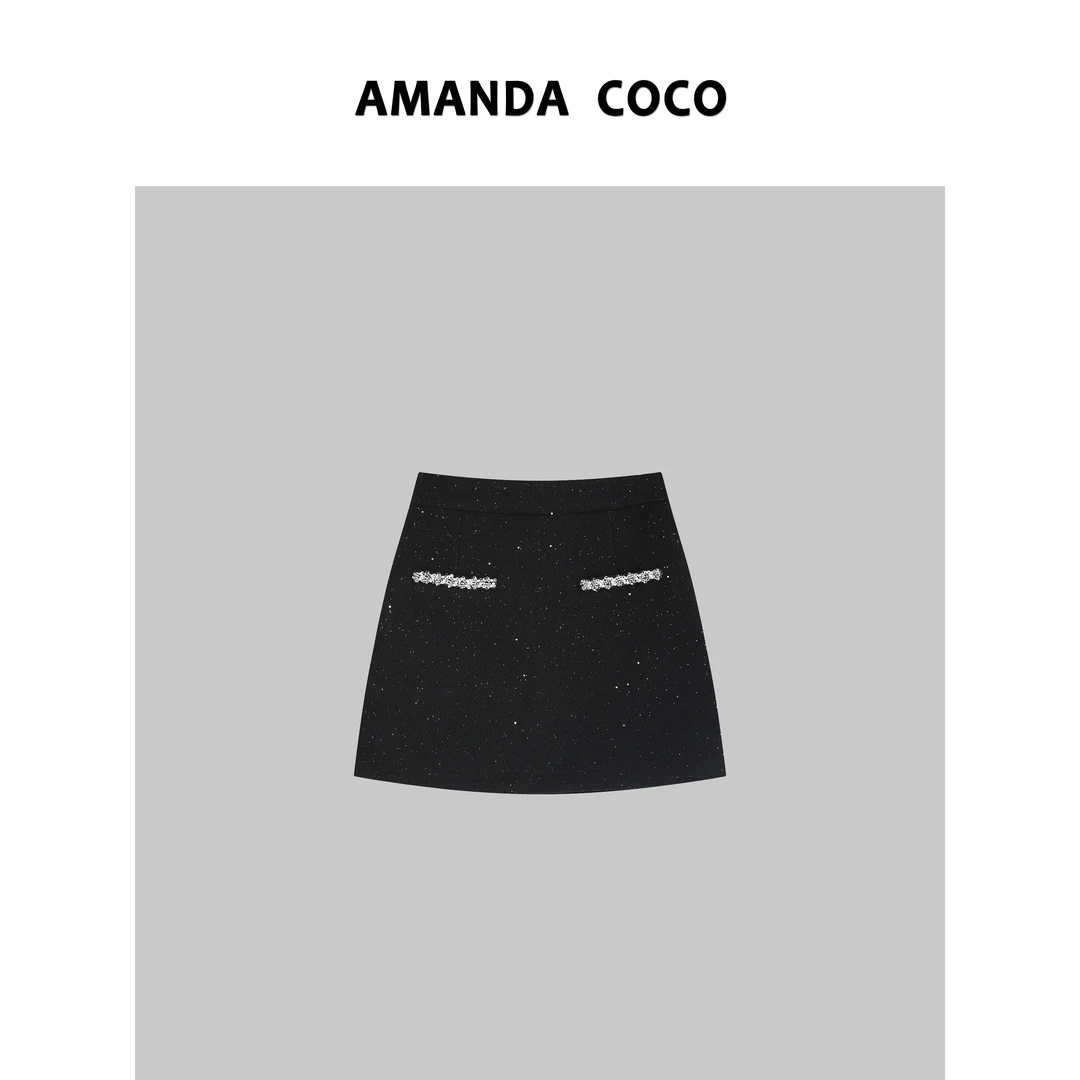 AMANDACOCO茜茜丨设计师款~秋冬高定串钻显瘦A字短裙