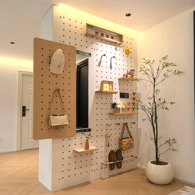 定制实木壁挂洞洞板展示架木质桌面墙面收纳墙入玄关置物架衣帽架