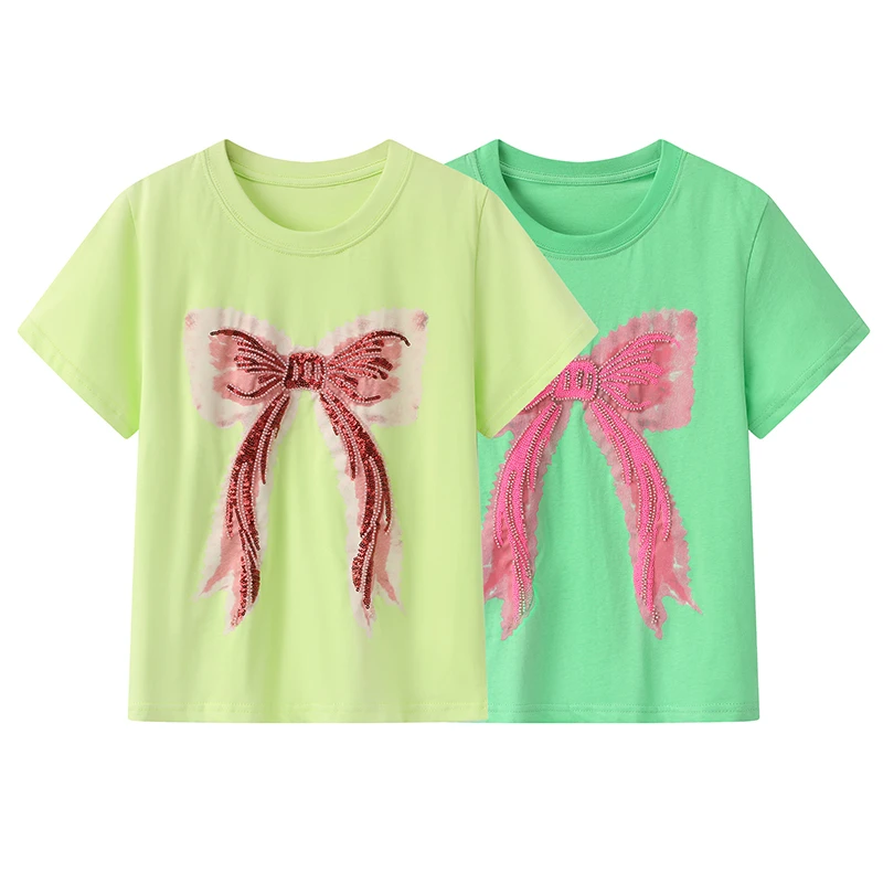 【归零】夏新品甜酷感钉珠蝴蝶结多巴胺正肩短袖T恤女修身上衣X2139