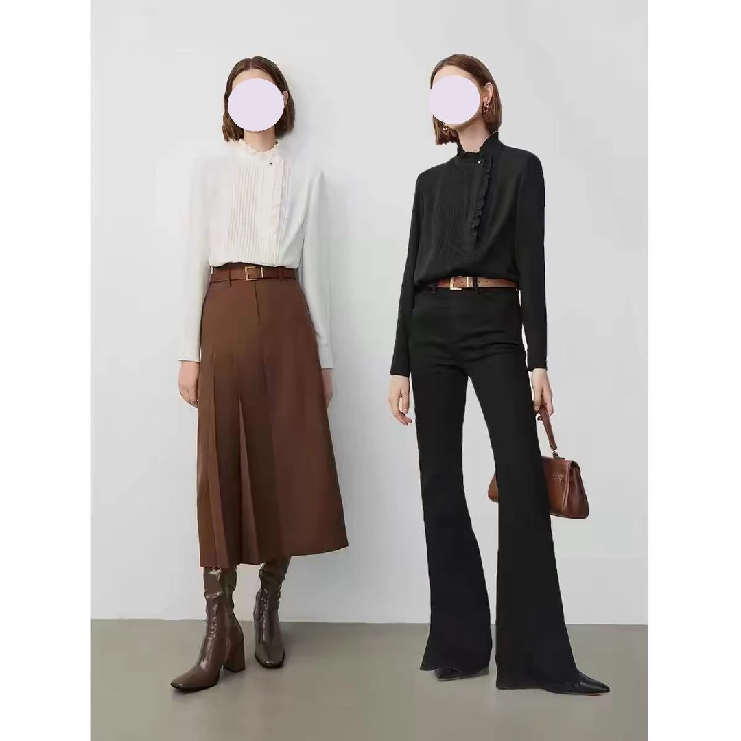 小静折扣~JG407  法式宫廷风高阶风琴褶木耳边长袖衬衫（卡码拍大）