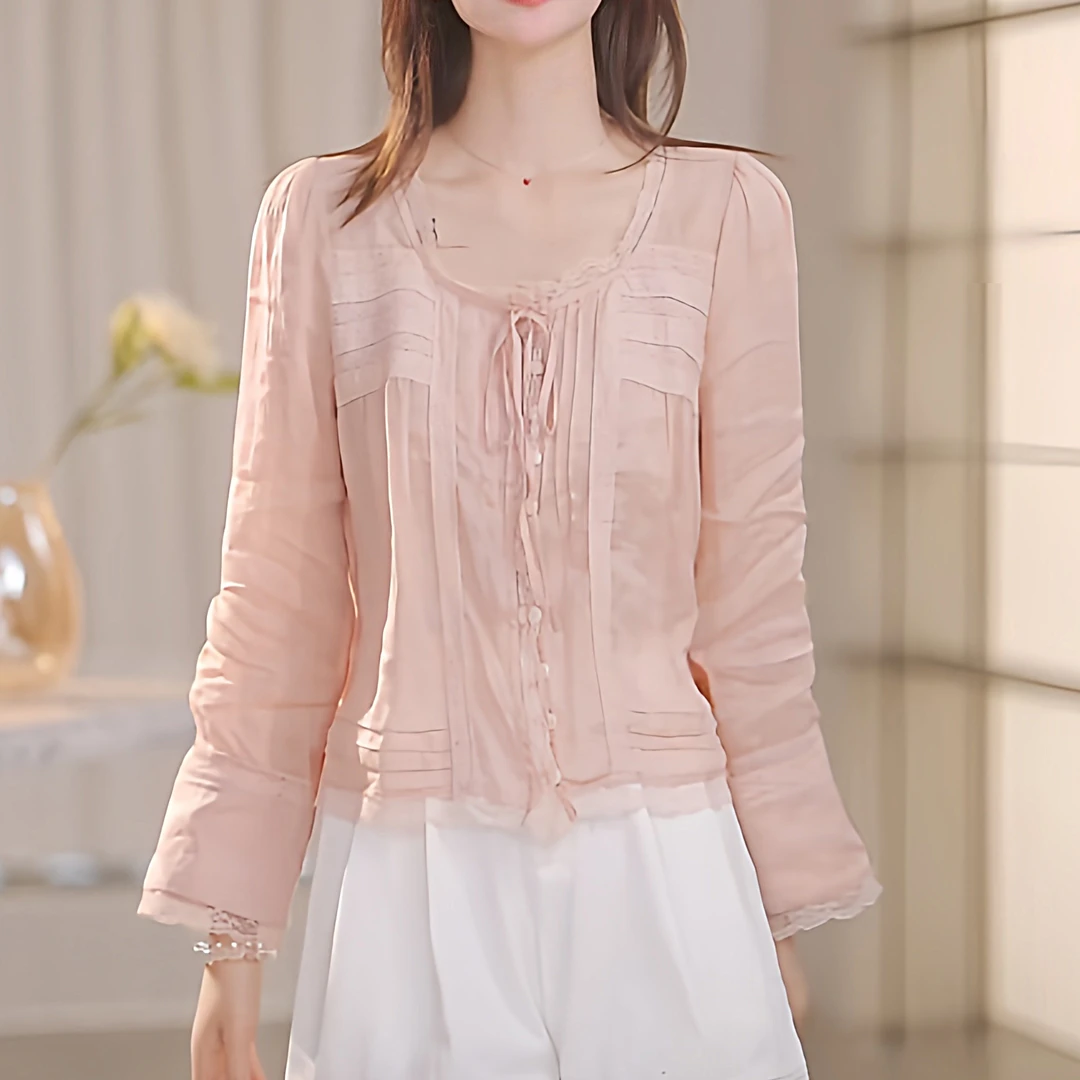 2025年洋气法式粉色精致花边圆领长袖衬衫女设计感洋气百搭上衣潮