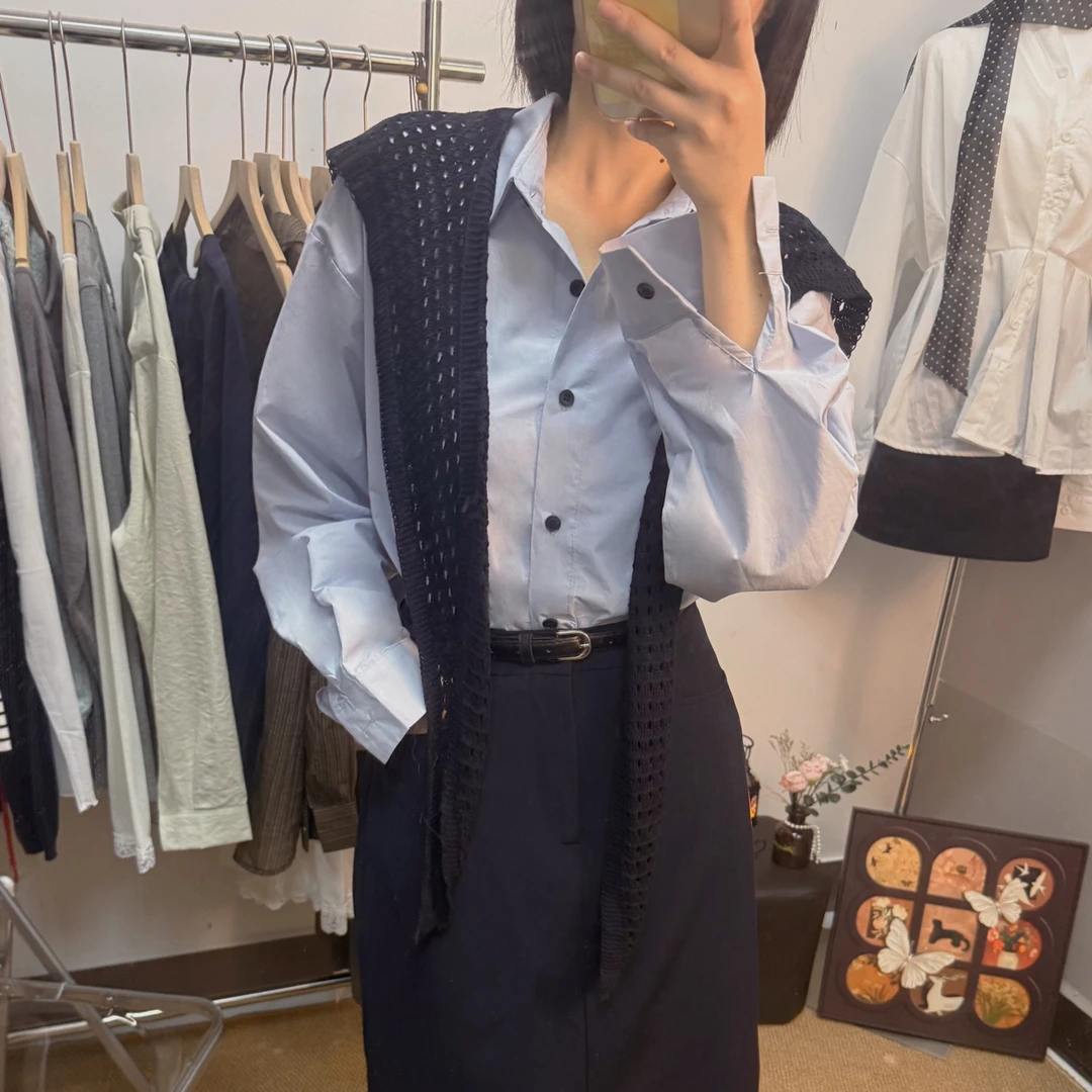 气质学院宽松百搭衬衫+高腰A字开叉半裙套装(配披肩)
