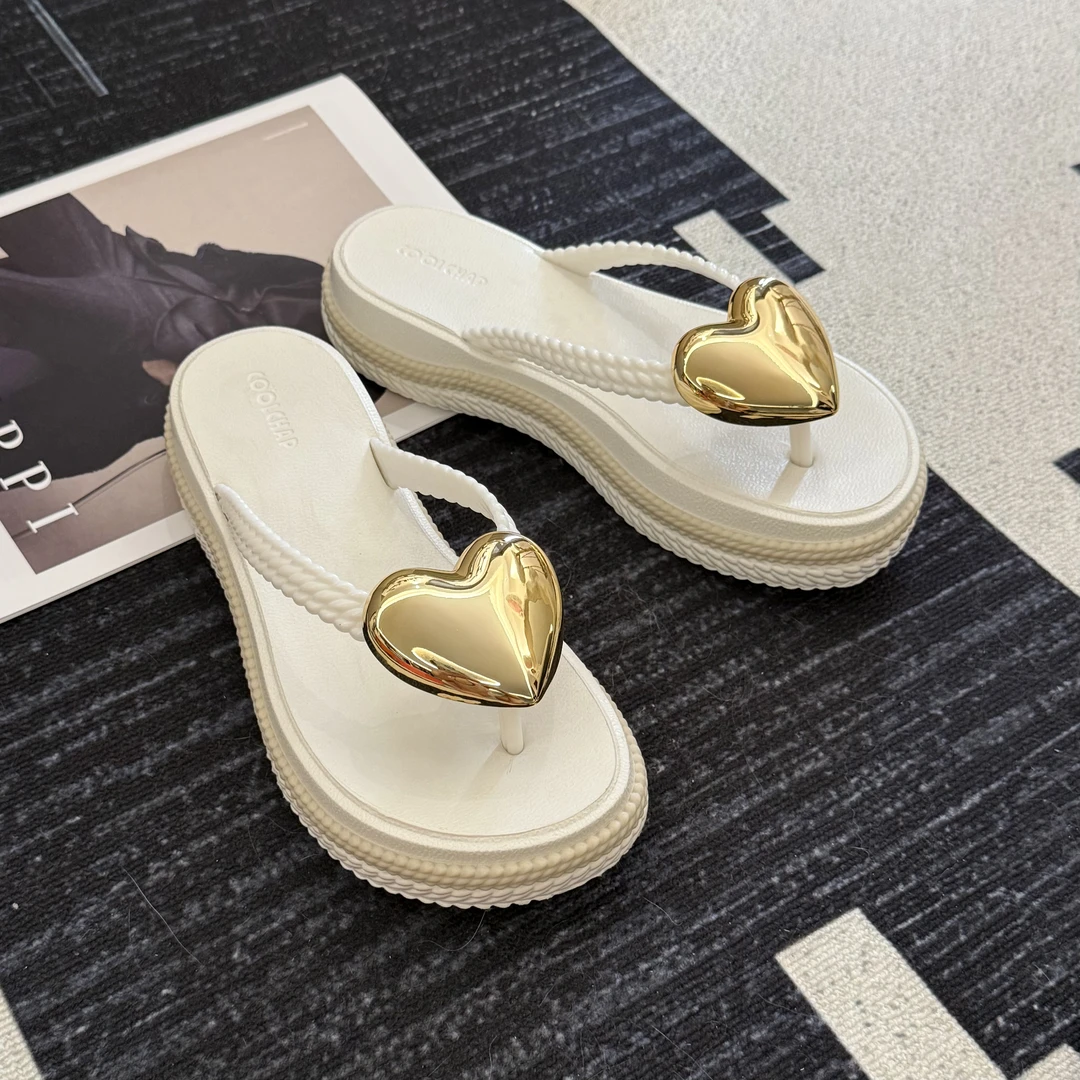 爱心浪花厚底人字拖时尚外穿夹脚拼色防滑百搭海边度假沙滩凉拖鞋