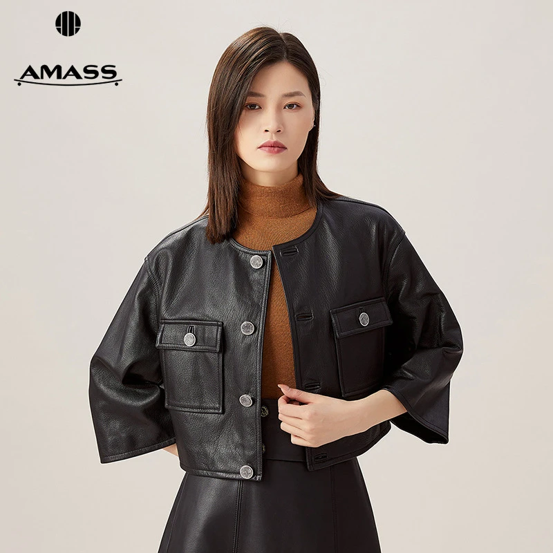 阿玛施AMASS新款女装百搭小香风圆领双口袋羊皮夹克外套5400757