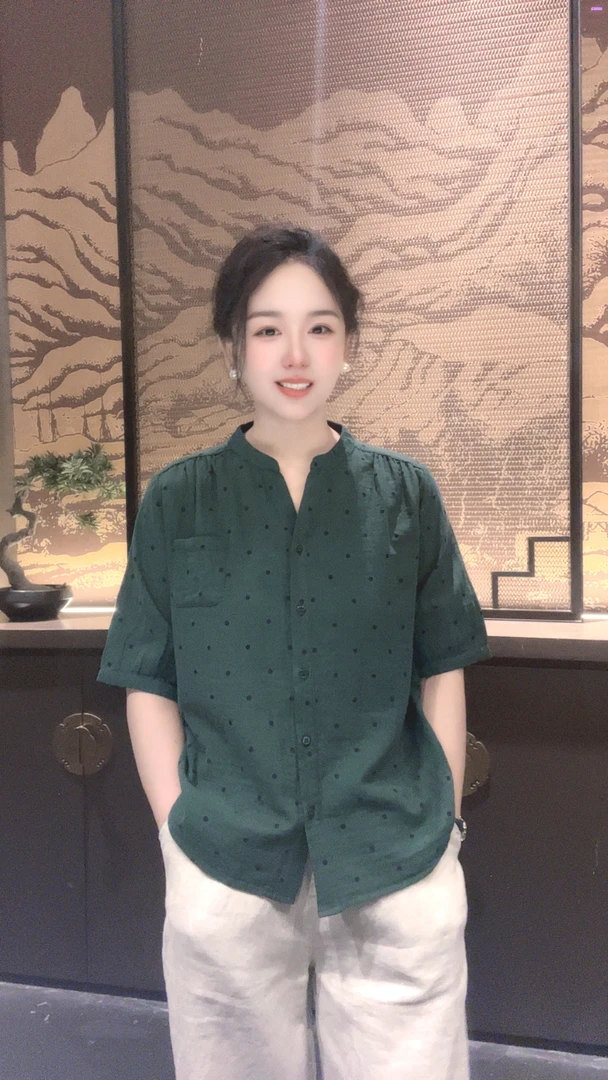 9828夏季纯棉双层纱休闲V领衬衫百搭宽松显瘦上衣