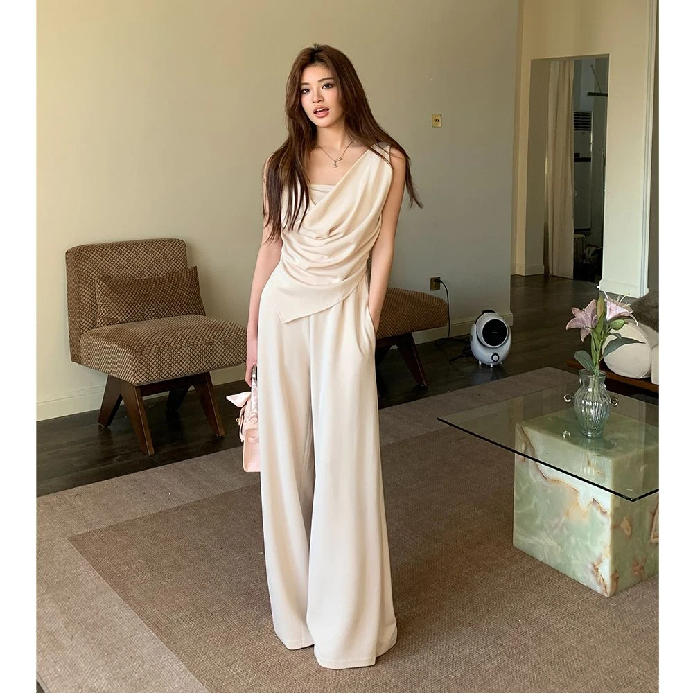 春夏新款荡领气质吊带上衣百搭休闲阔腿裤长裤两件套装女